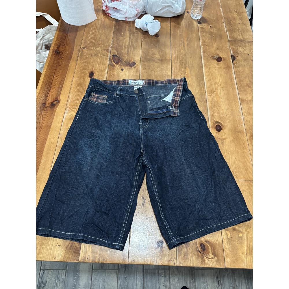 INDIGO30 Men's W34 Dark Wash Loose Baggy Denim Jean Shorts Plaid Waist Skater